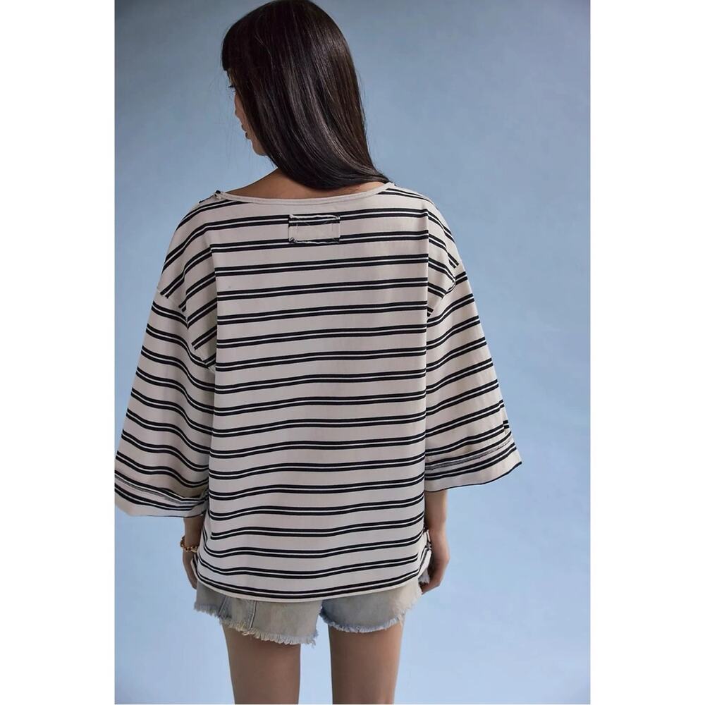 Free People Boatneck Bohemian Preppy C'est La Vie Tee Black White Stripes Large - Picture 4 of 13